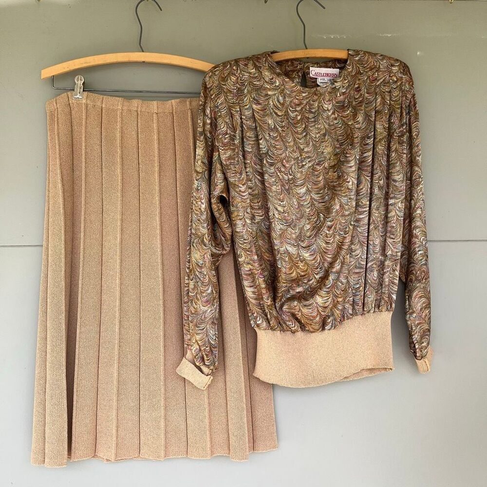 VTG 80s Castleberry Marbled Satin Blouse Pleated Knit Skirt Set M/L USA